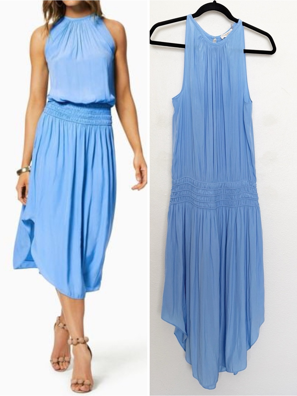 Ramy Brook Audrey Smocked Pleated Midi Dress Blue Sleeveless Size L